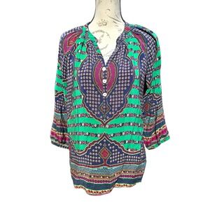 Pookie & Sebastian -630 Silk Blouse Button‎ Down 3/4 Sleeve Green Print Medium